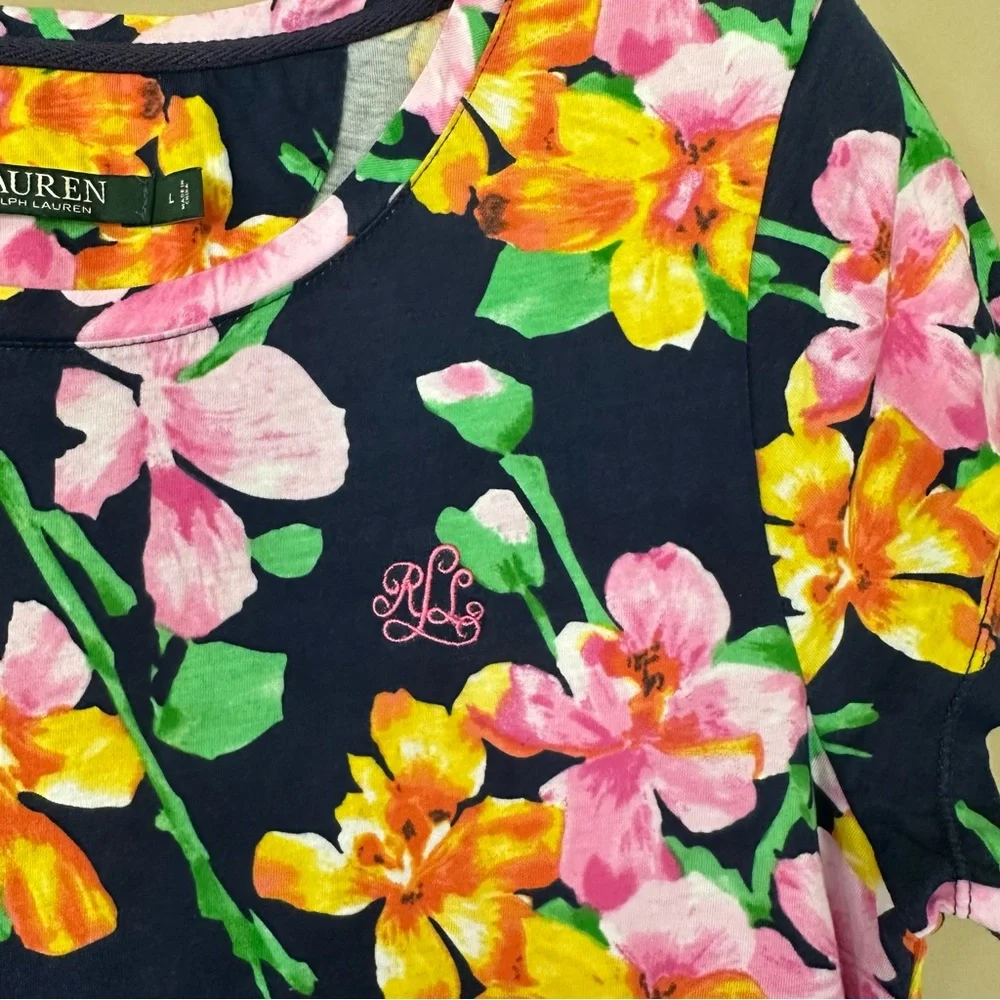 SOLD Lauren Ralph Lauren Tropical Floral Sleep Dress Women L Embroidered Night G - Picture 4 of 6